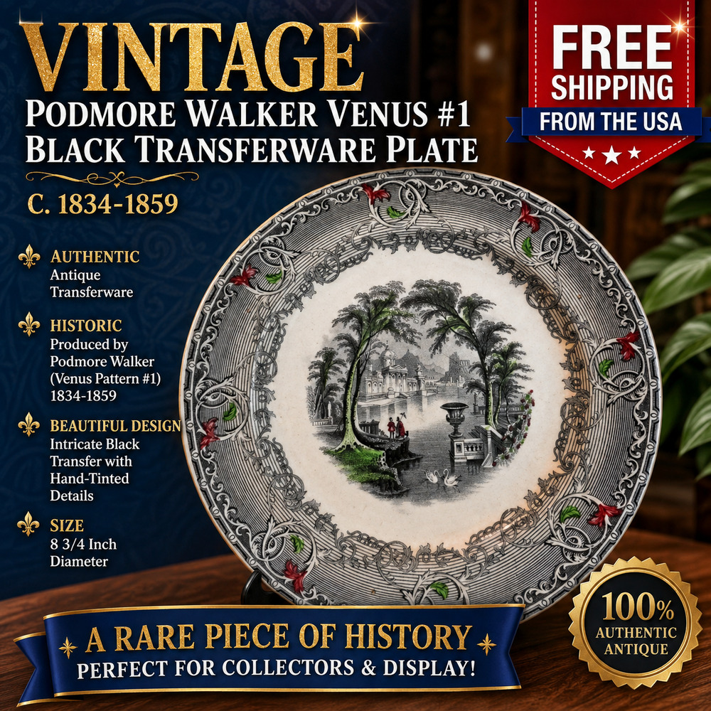 Antique Podmore Walker Venus #1 Black Transferware Plate 8.75" C.1834-1859